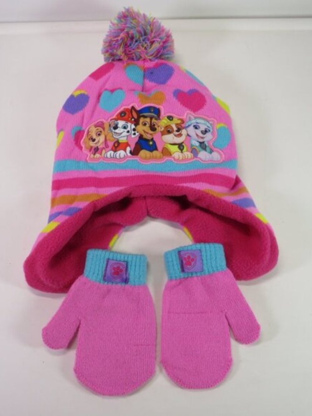 Nickelodeon Paw Patrol Girls Fleece Lined Beanie Earflap Hat & Mittens Set Pink